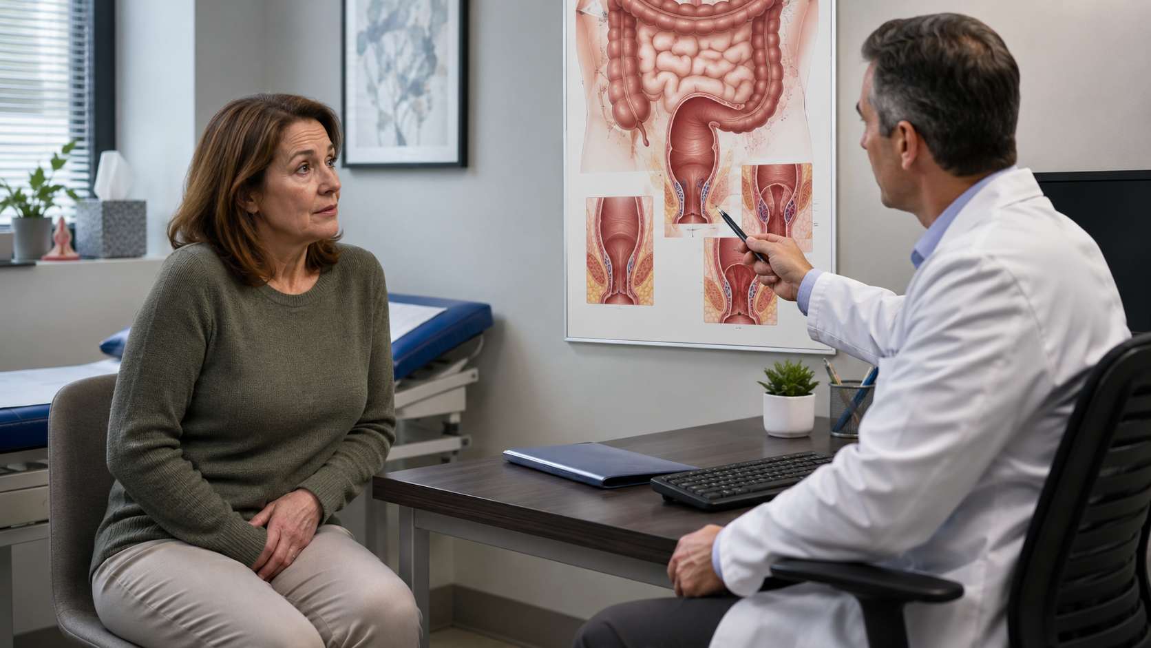 Žena u pedesetim godinama razgovara sa lekarom pored anatomskog postera o hemoroidima.