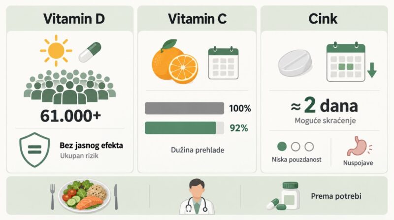 Poređenje nalaza studija o vitaminu D, vitaminu C i cinku u prevenciji i skraćivanju prehlade